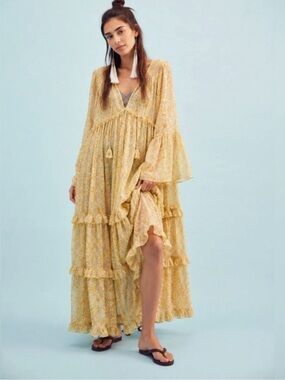 Free People Weeping Willows Floral Chiffon Tiered Ruffles Flowy Maxi Dress M